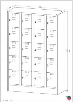 Stahl-Fächer-Schrank  4 Abteile, 5 Fächer übereinander, auf Sockel. Anzahl der Fächer: 20 Fächer ohne Inneneinteilung. Abteilbreite 300 mm - sofort lieferbar!